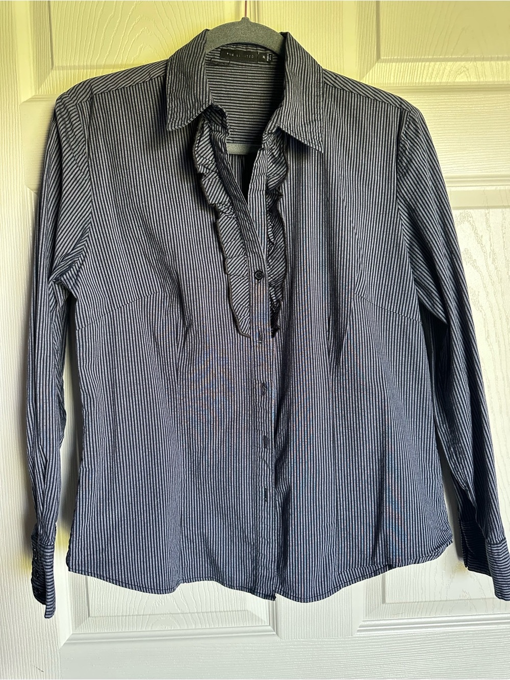 The Limited Navy and White Pinstripe Button-Down Ruffle Shirt
